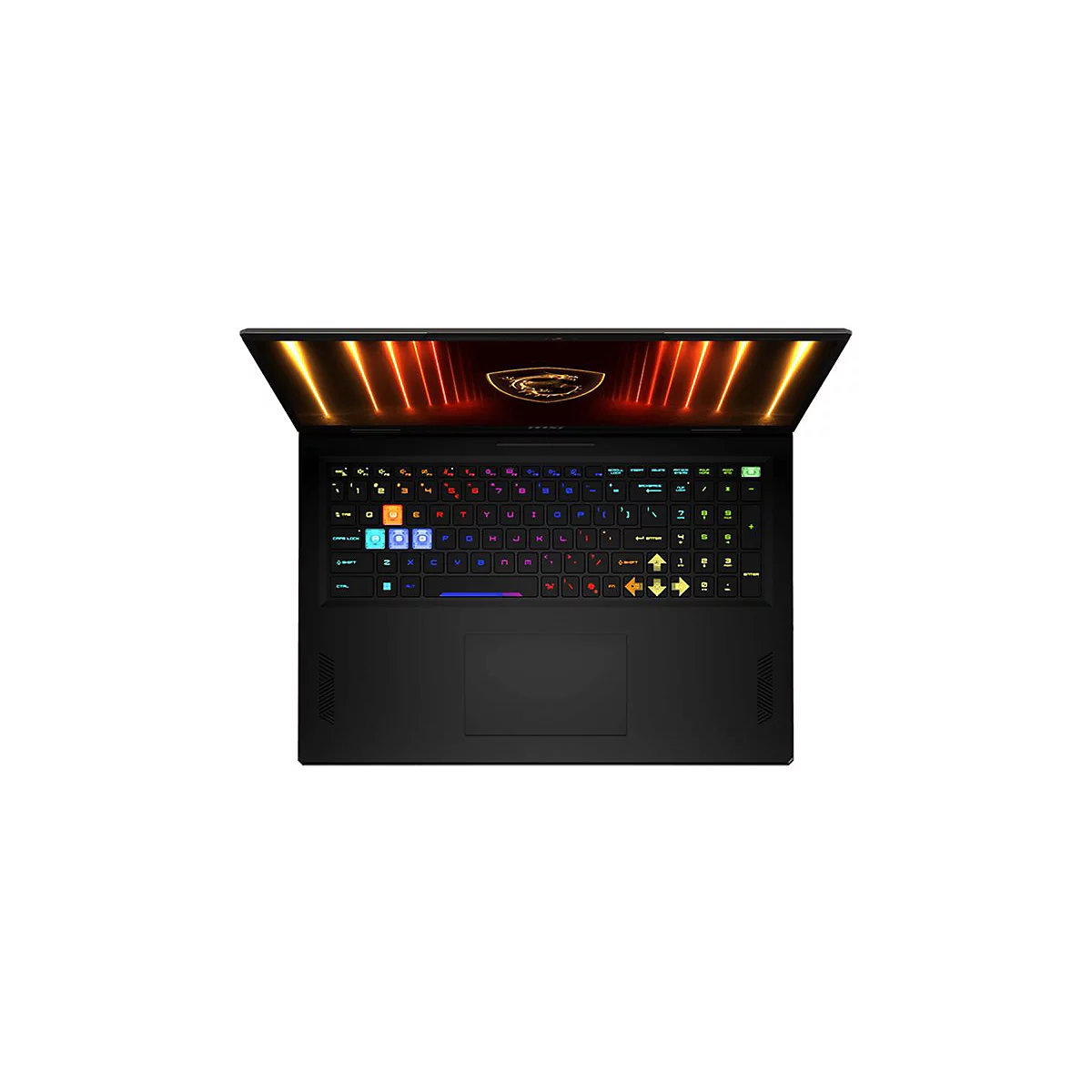 Schwarzer Laptop, von oben gesehen. Geöffnete Anzeige mit leuchtenden orangefarbenen Streifen. Beleuchtete, mehrfarbige Tastatur.