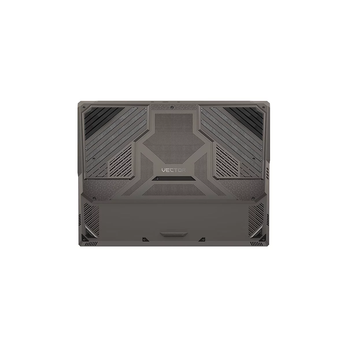 Dunkelgraue Laptop-Rückseite mit geometrischen Mustern, dem Wort "VECTOR" und Lüftungsschlitzen.