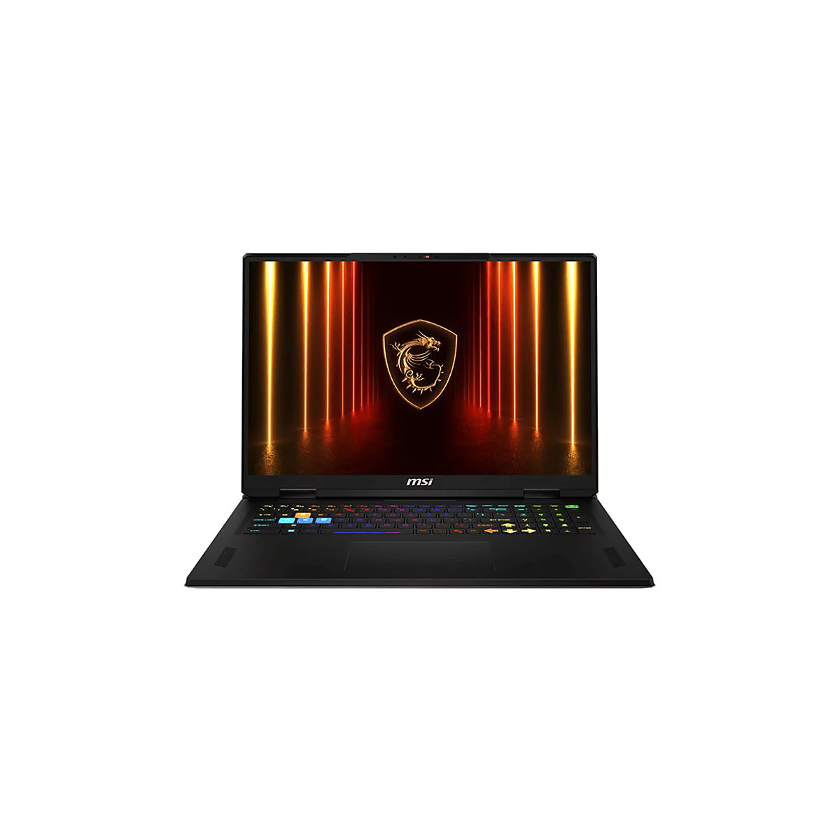 Schwarzer Laptop mit leuchtendem Bildschirm. Auf dem Display ein goldenes Emblem und orangefarbene Lichteffekte. Die Tastatur leuchtet farbenfroh.