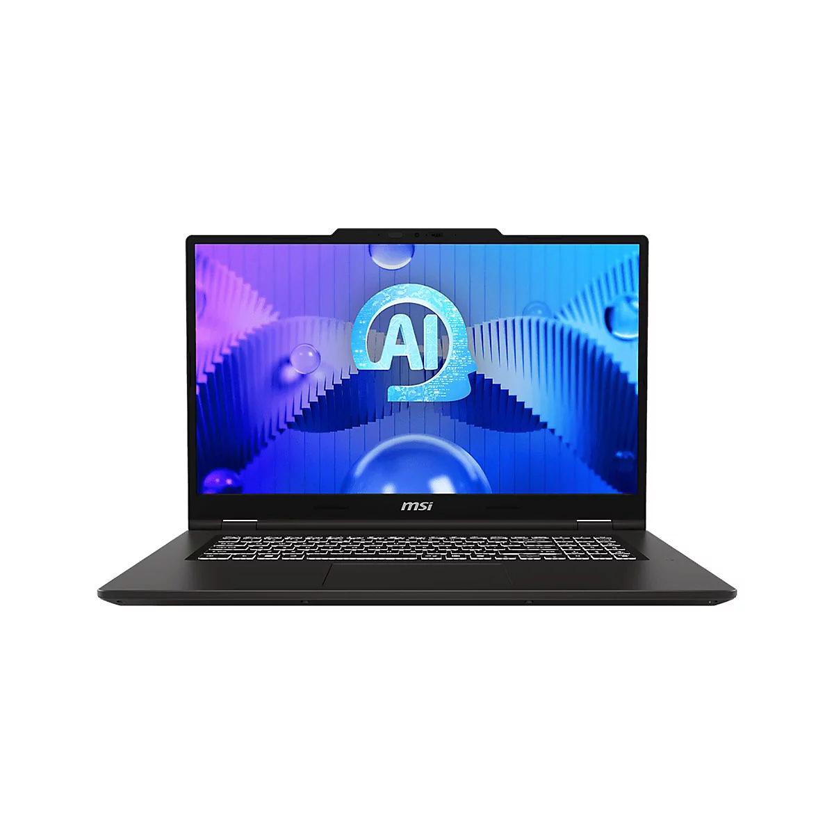 Schwarzer Laptop auf weißem Hintergrund. Auf dem Display ist ein blaues AI-Logo zu sehen, darunter der Schriftzug „MSI“. Das Gerät ist geöffnet.