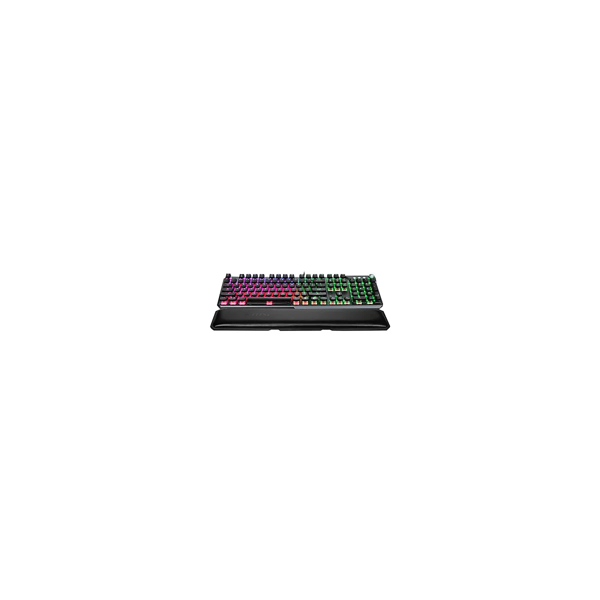 Schwarze Gaming-Tastatur mit farbiger RGB-Beleuchtung, Handgelenkauflage.