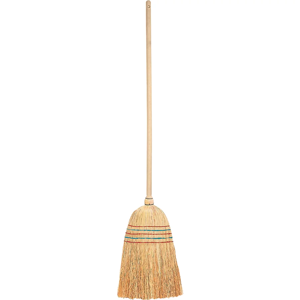 Balai avec un long manche en bois et une tête de balai en paille. La tête de balai est décorée de rubans colorés.