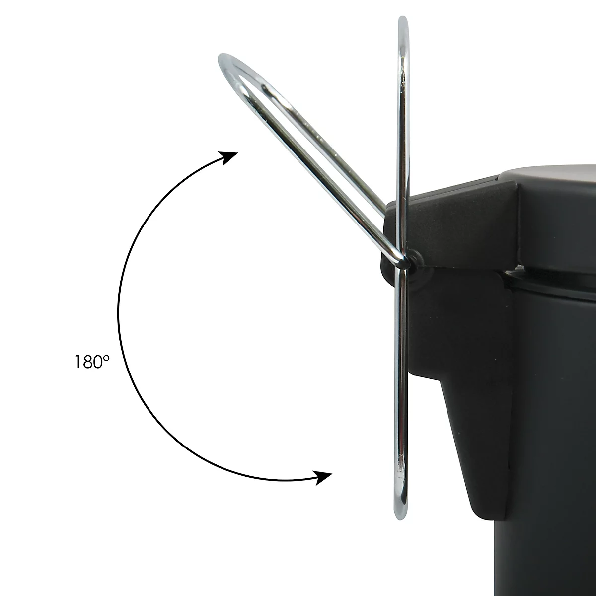 Gros plan d'un cadre métallique noir avec une patte pliante. Une flèche indique une rotation de 180 degrés.