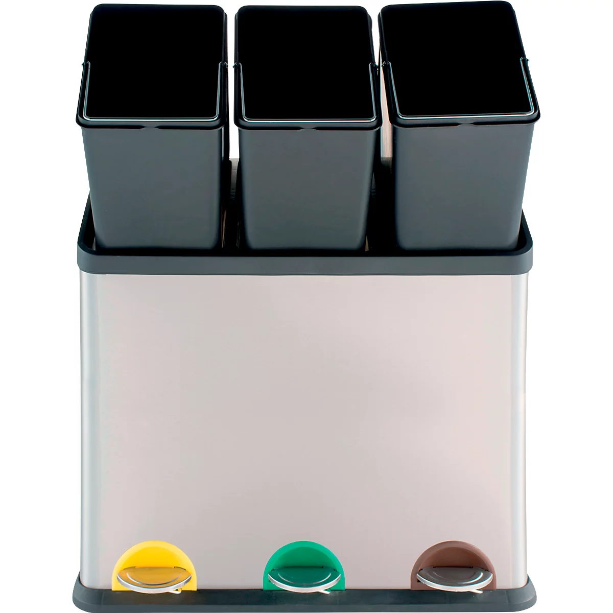 MSV poubelle en inox, 3 récipients de 20L chacun, mécanisme à pédale, poignée, pour l'intérieur et l'extérieur, inox