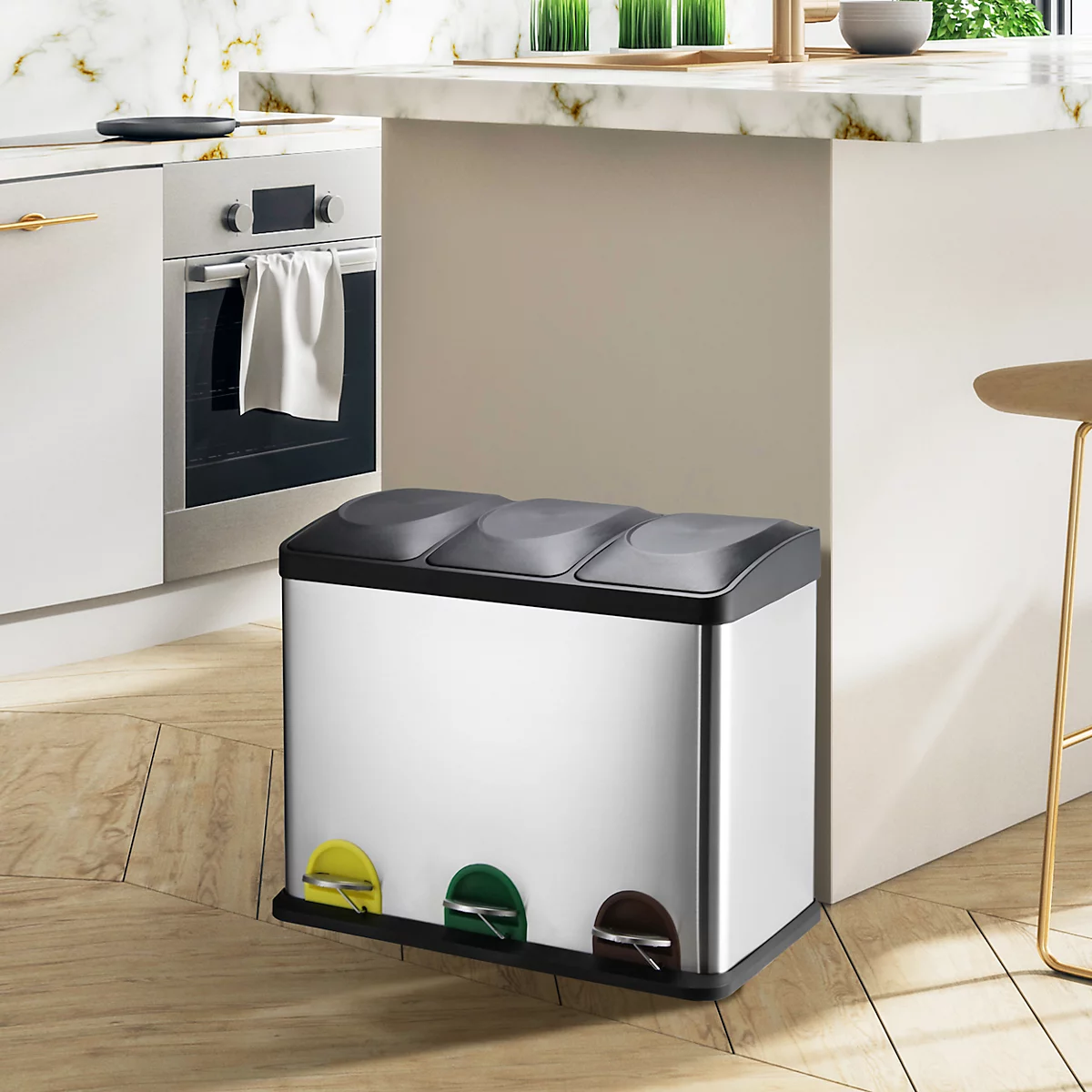 MSV poubelle en inox, 3 récipients de 20L chacun, mécanisme à pédale, poignée, pour l'intérieur et l'extérieur, inox