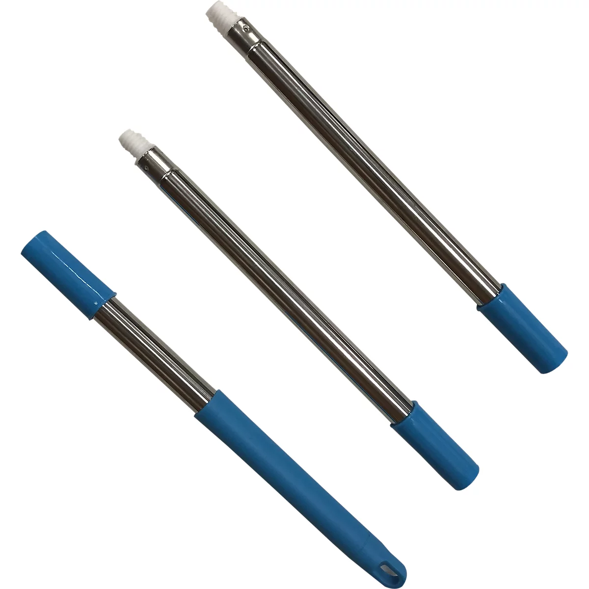 Drei Stangen mit metallischen Schäften, blauen Enden und weissen Spitzen. Liegen diagonal auf weissem Grund.
