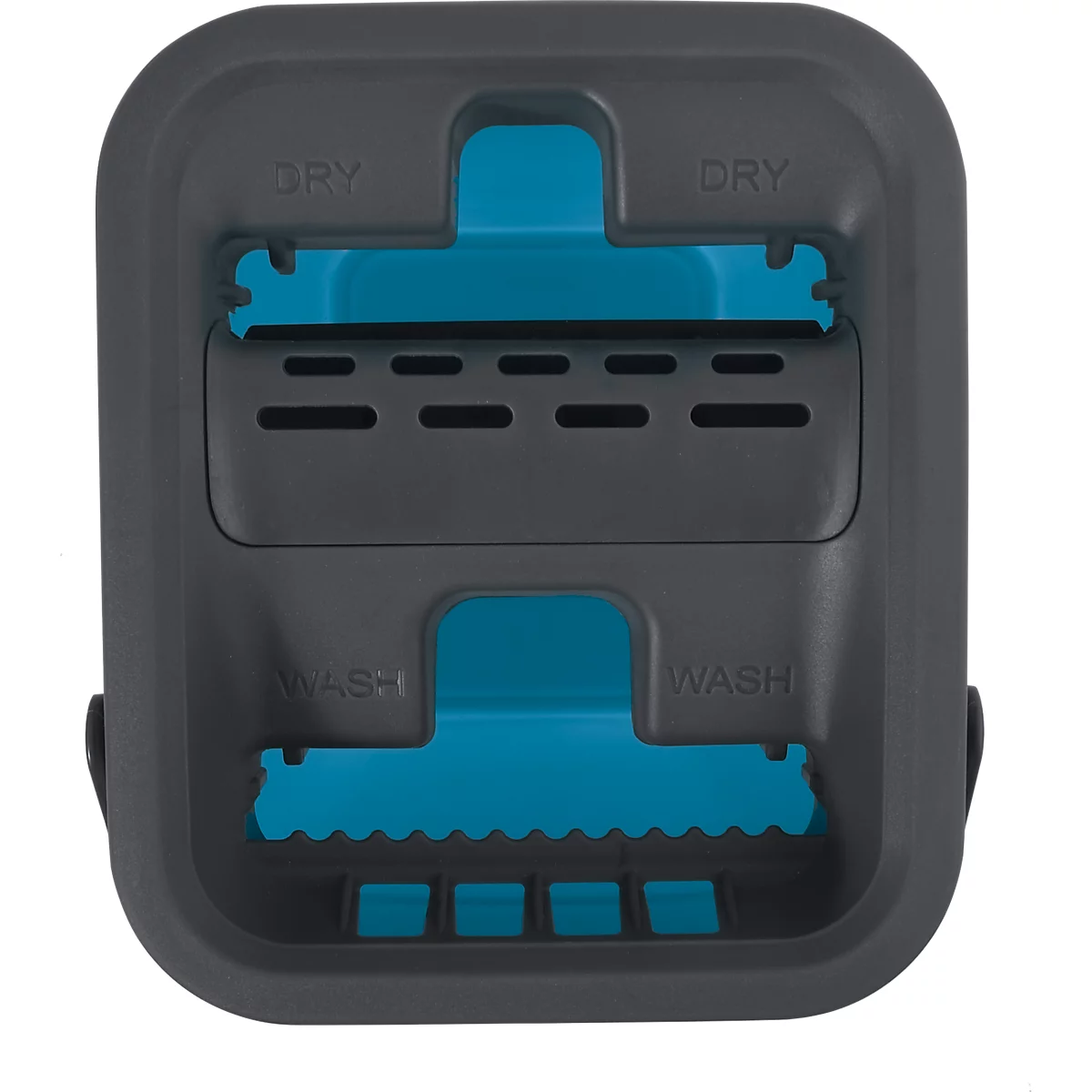 Grauer Wischmopp-Eimer mit türkisen Elementen, beschriftet mit 'DRY' und 'WASH'.