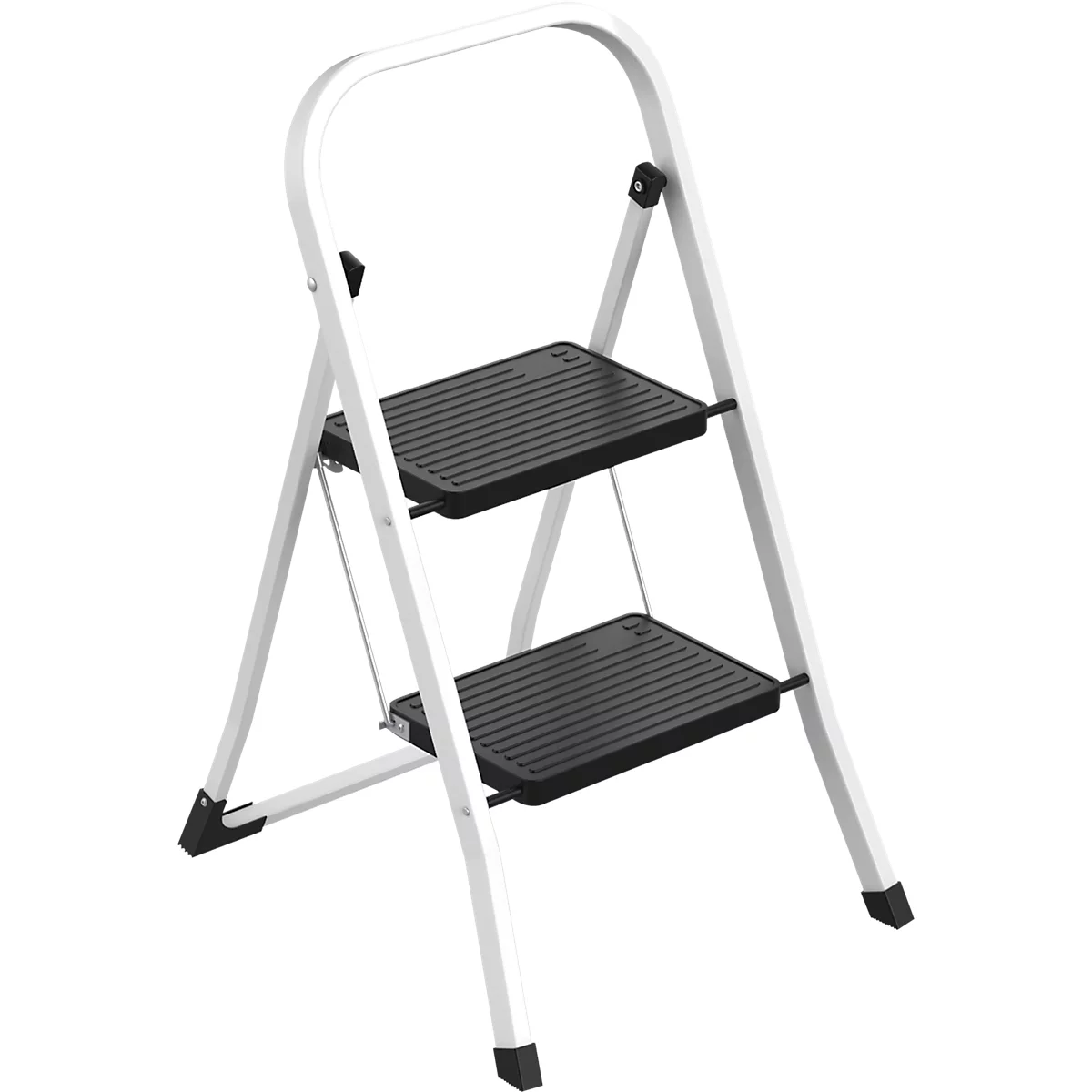 Escabeau pliable avec deux marches noires et un cadre blanc.