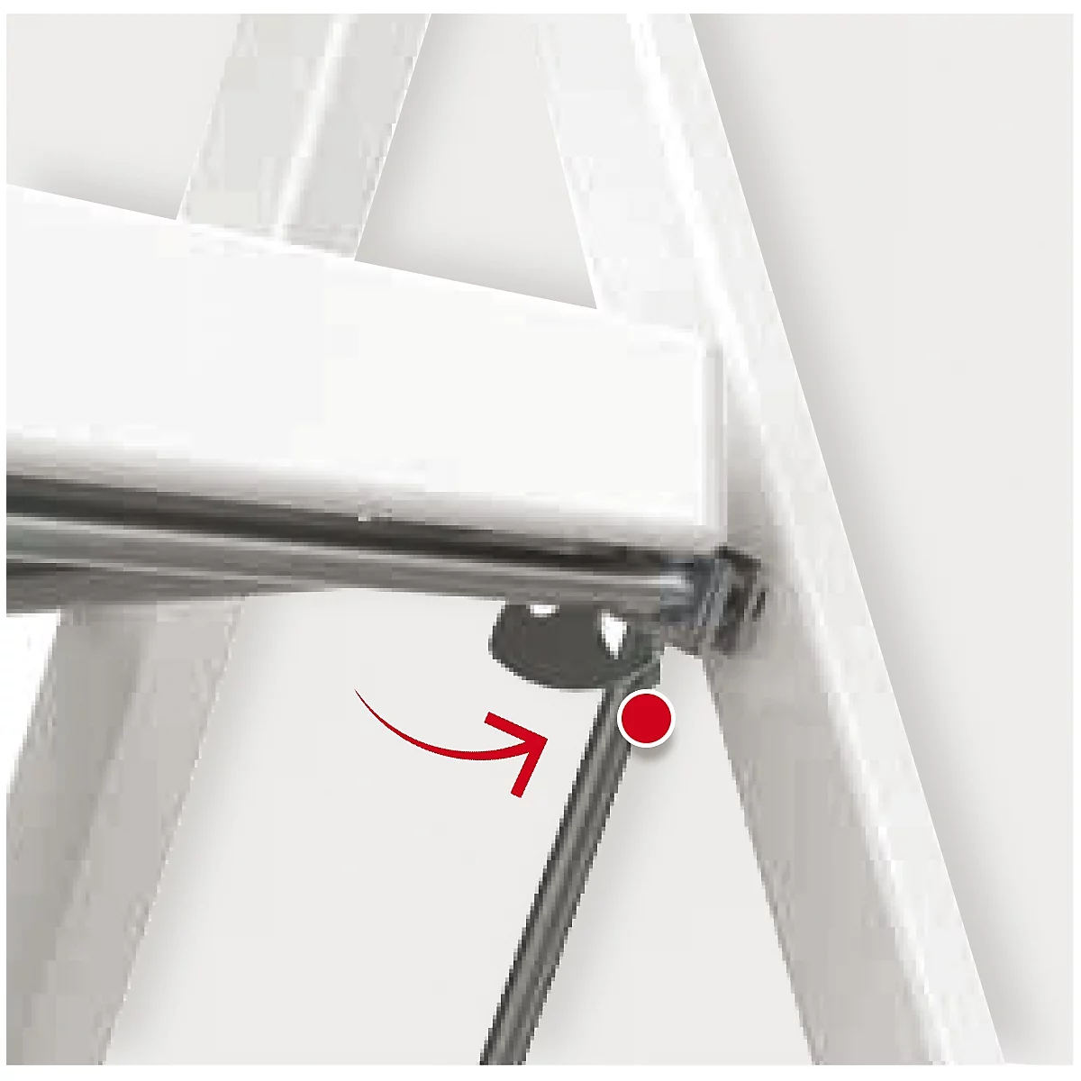 Vue détaillée d'une construction de table blanche. Une illustration de flèche rouge indique la direction d'un mécanisme.