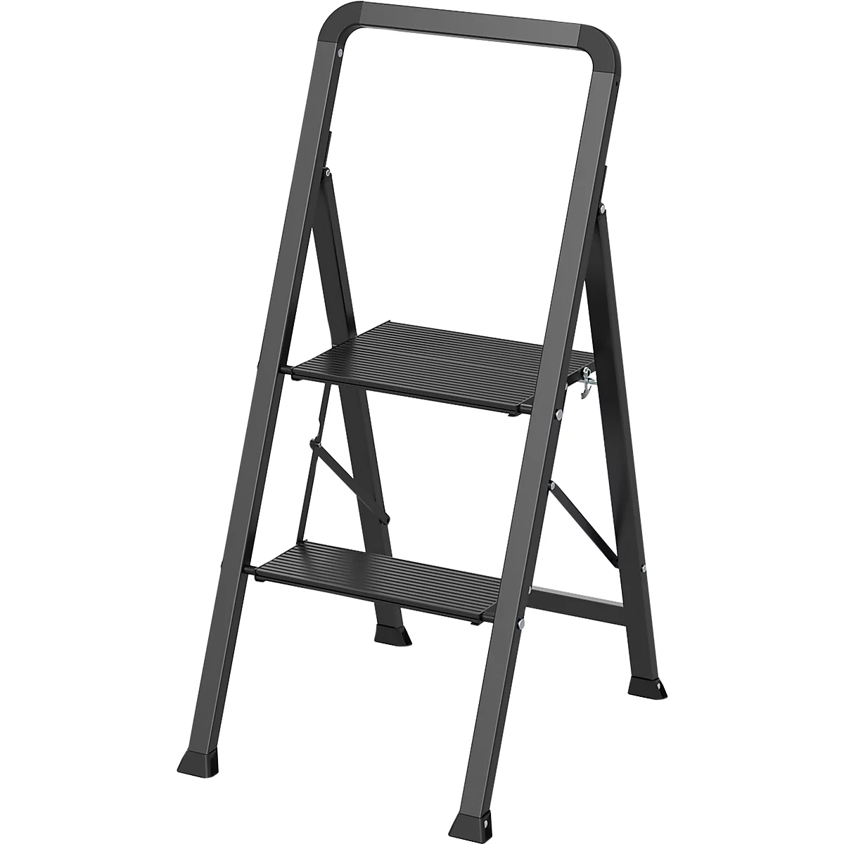 Un escabeau pliant noir à deux marches.