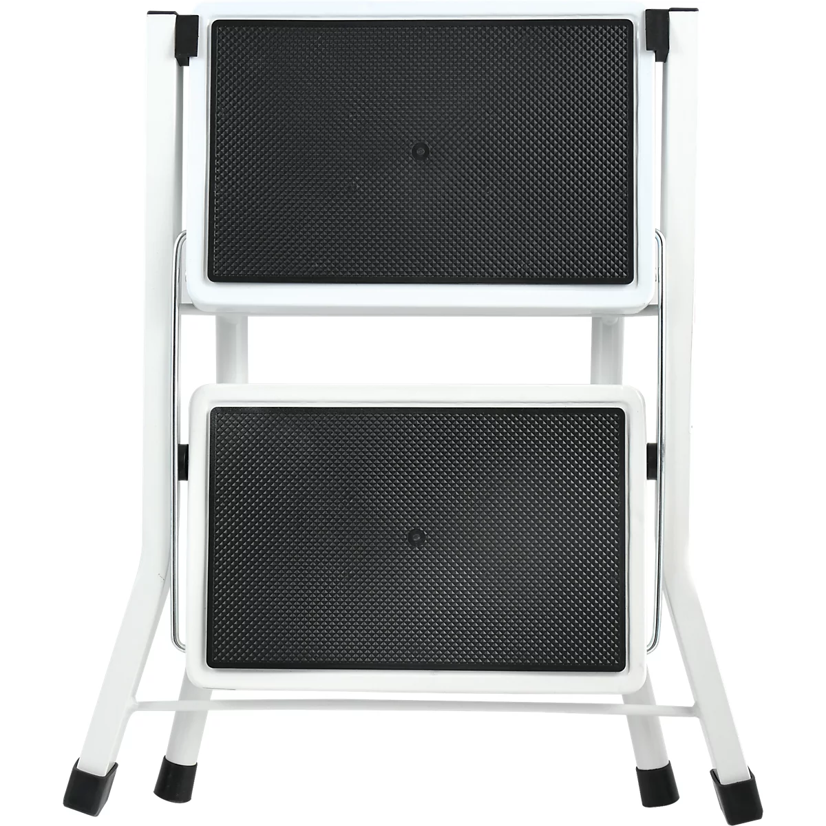 Escabeau pliable à deux marches, cadre blanc, marches noires.