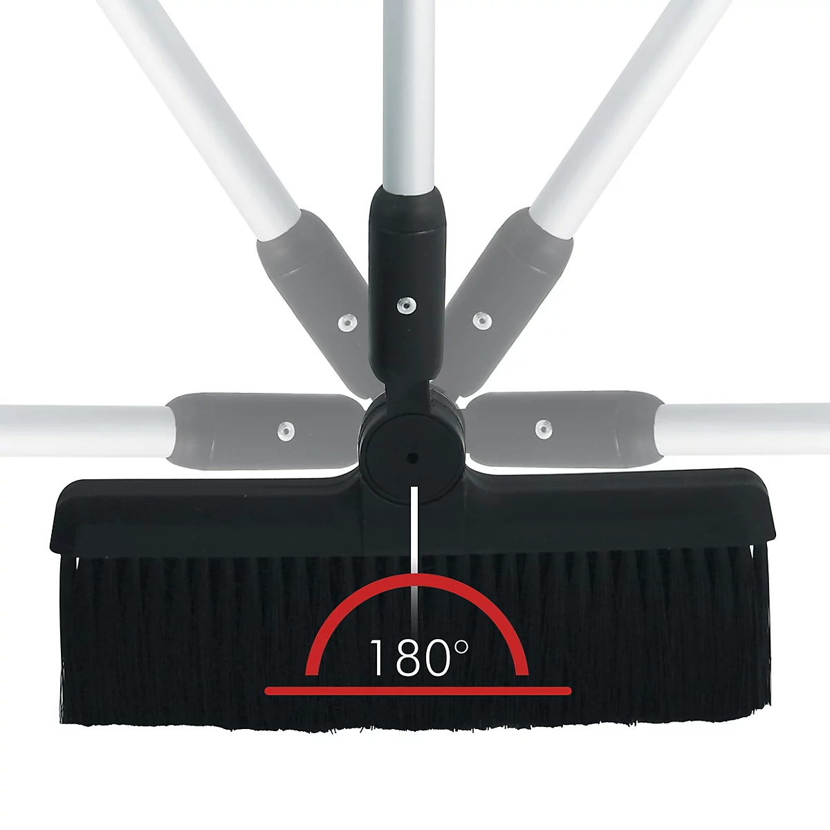 Gros plan d'un balai noir avec manche réglable. Un arc rouge avec une marque de 180° indique la plage de pivotement.