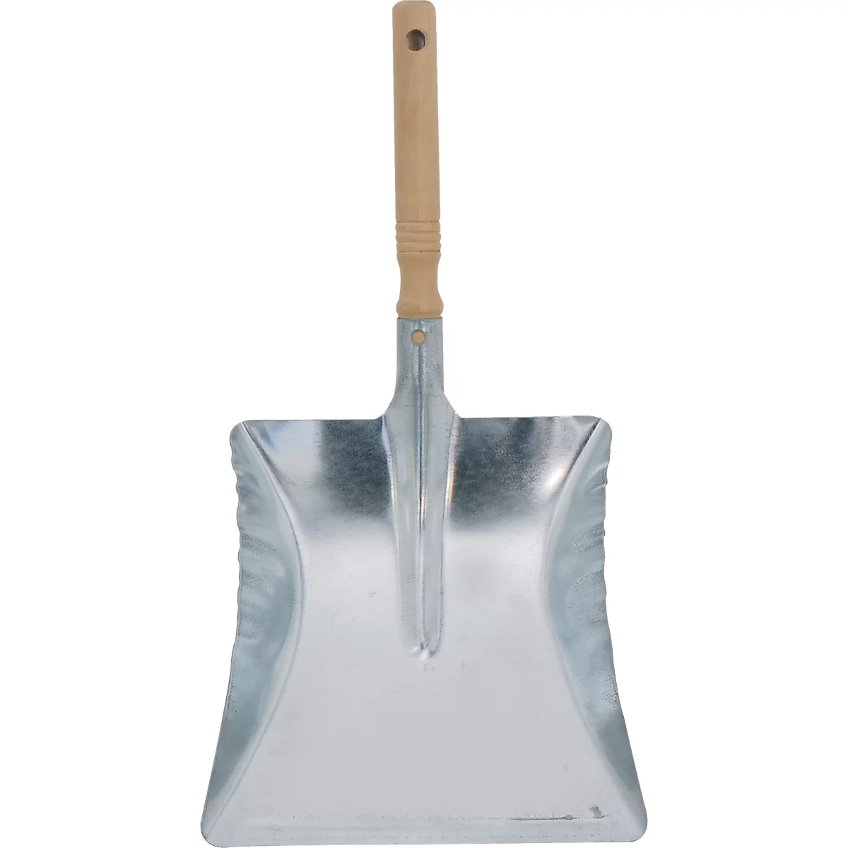 Ramasse-poussière en métal avec manche en bois. La poignée a un trou pour l'accrocher.