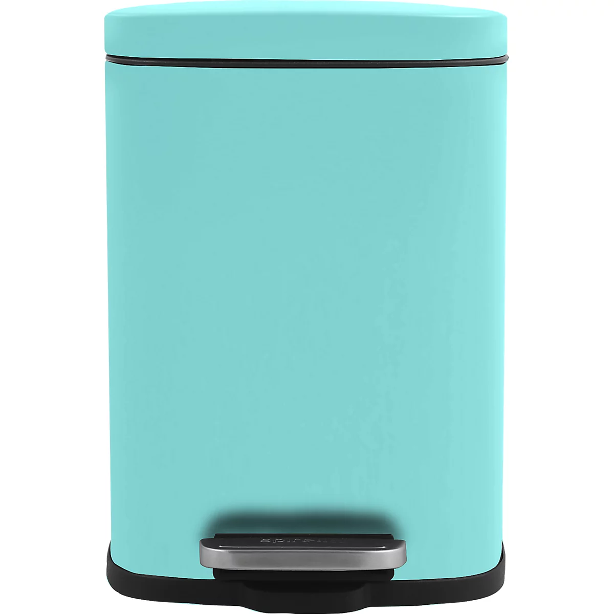 Poubelle turquoise. Forme rectangulaire, pédale argentée et base et couvercle noirs.