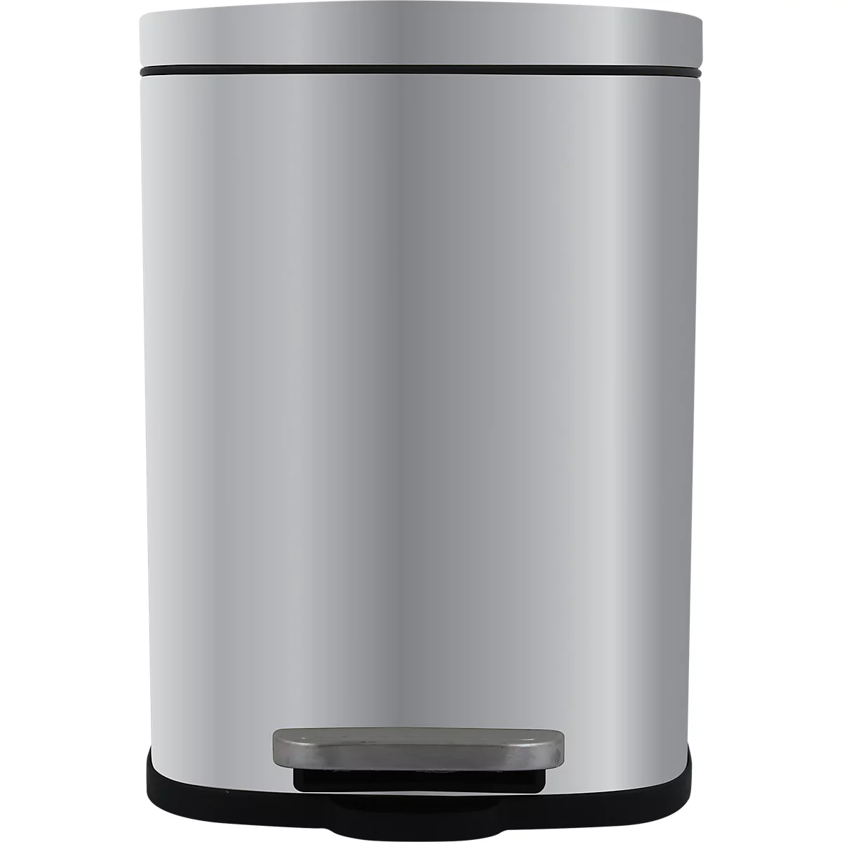 Poubelle argentée avec couvercle et pédale, sur fond blanc.