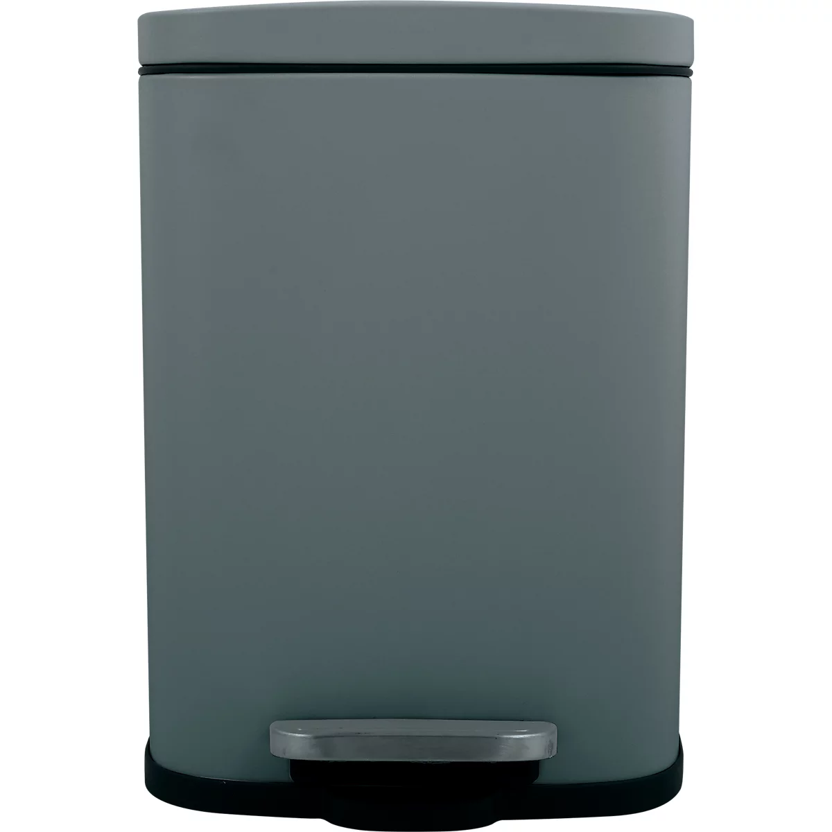 Poubelle grise en métal avec couvercle et pédale, sur fond blanc.