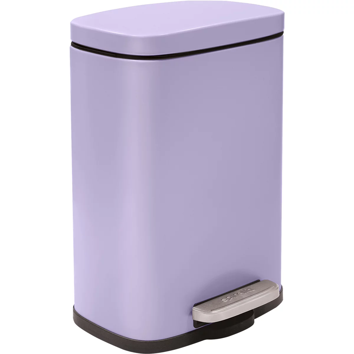 Poubelle rectangulaire violet clair avec coins arrondis, bord de couvercle noir, pédale.