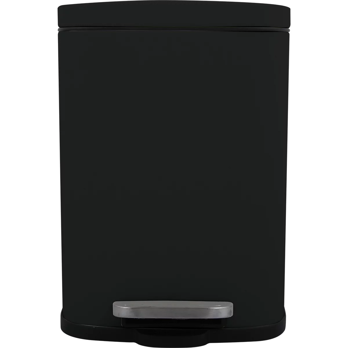 Poubelle noire rectangulaire, avec une pédale argentée.