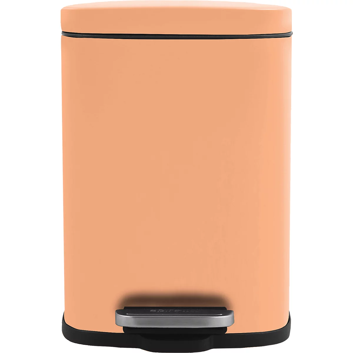 Poubelle orange. Forme rectangulaire, repose-pieds argenté, bordure noire.