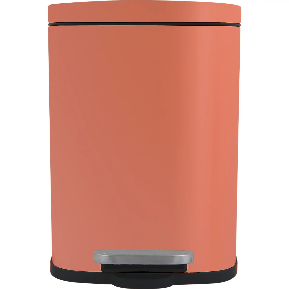 Poubelle orange avec couvercle et pied noirs, marchepied argenté. Design ovale.