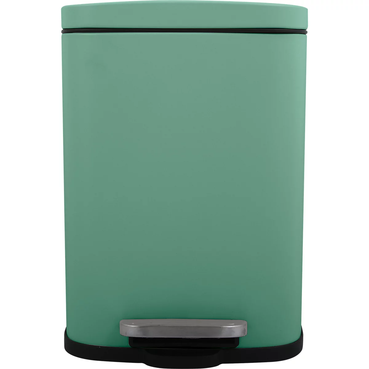 Poubelle vert clair avec pédale. La poubelle a une forme rectangulaire et un couvercle. Cadre et base noirs.