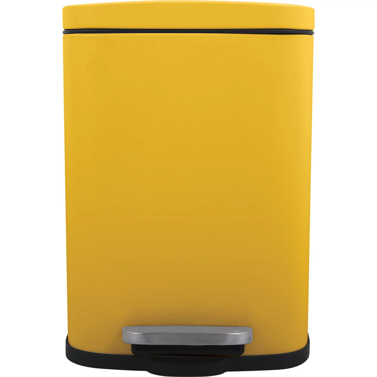 Poubelle jaune avec bordure noire et pédale.