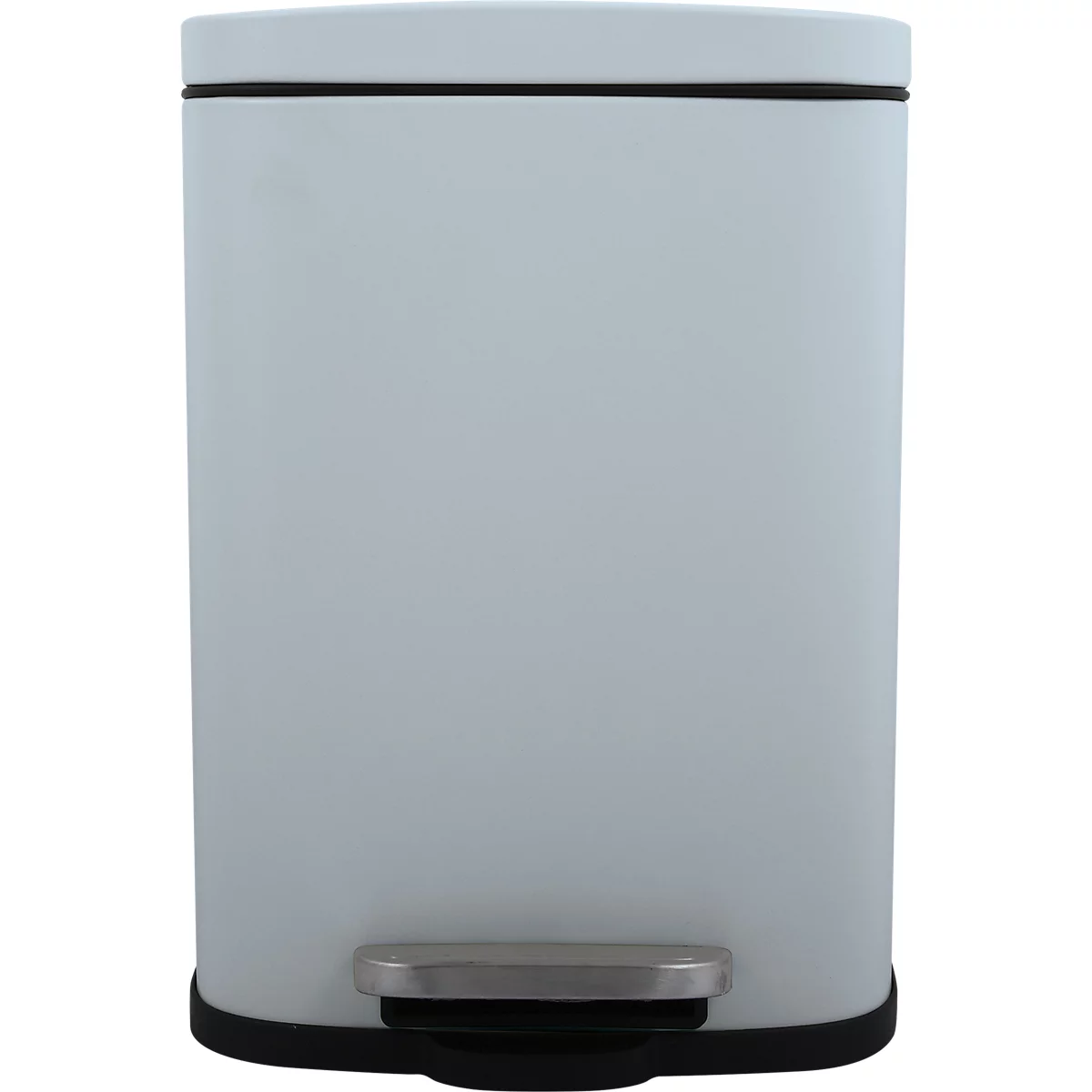 Poubelle gris clair avec bord noir et pédale.