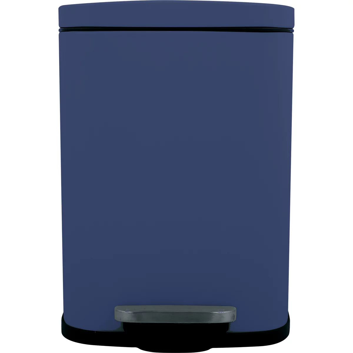 Poubelle rectangulaire bleue avec couvercle. Marche argentée en bas.