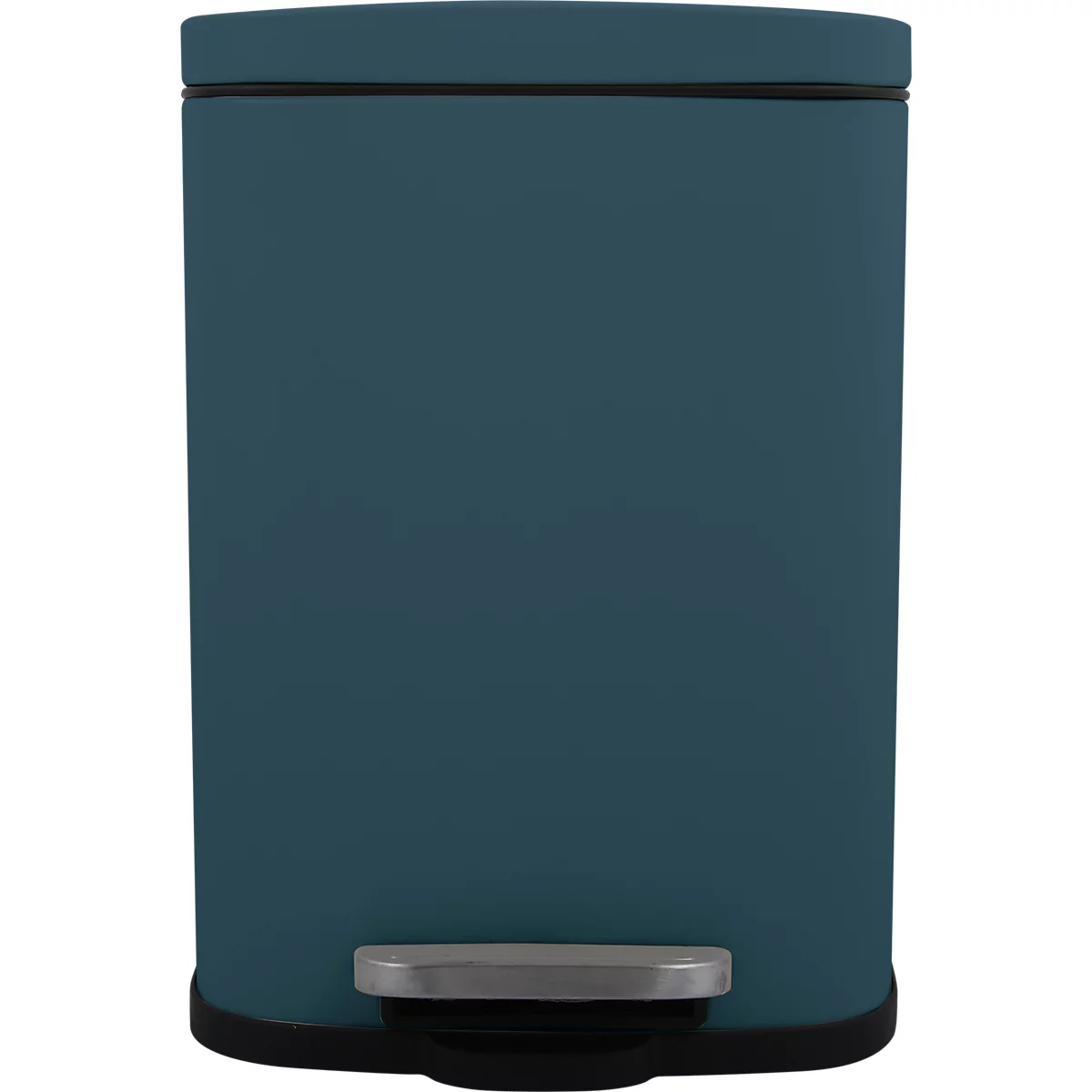 Poubelle bleu-vert avec couvercle, pédale et base noire.