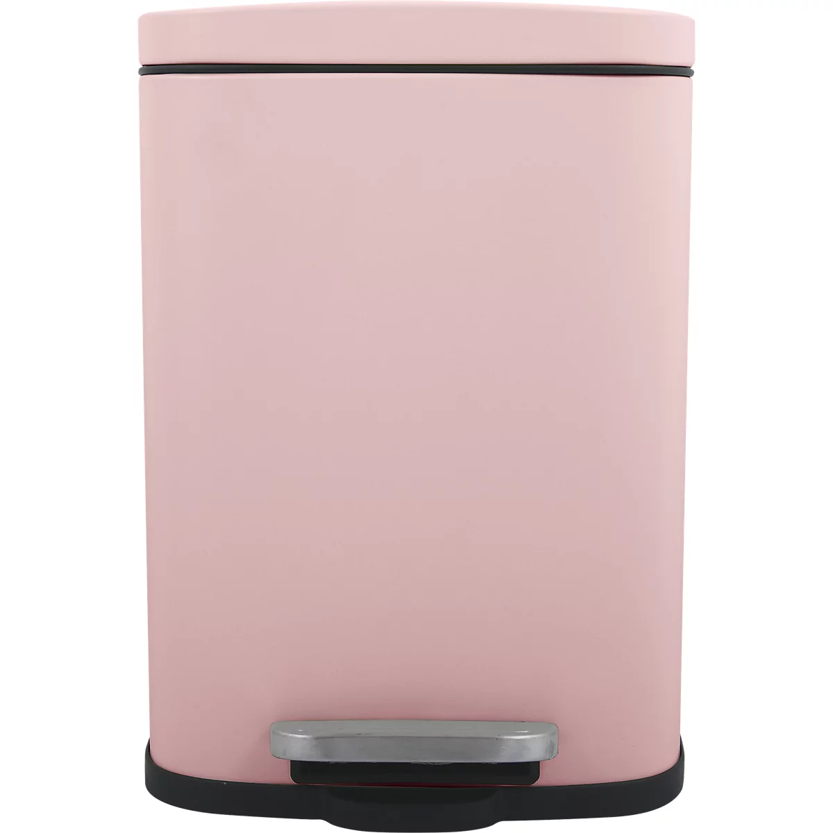 Poubelle rose clair avec couvercle noir et pédale.