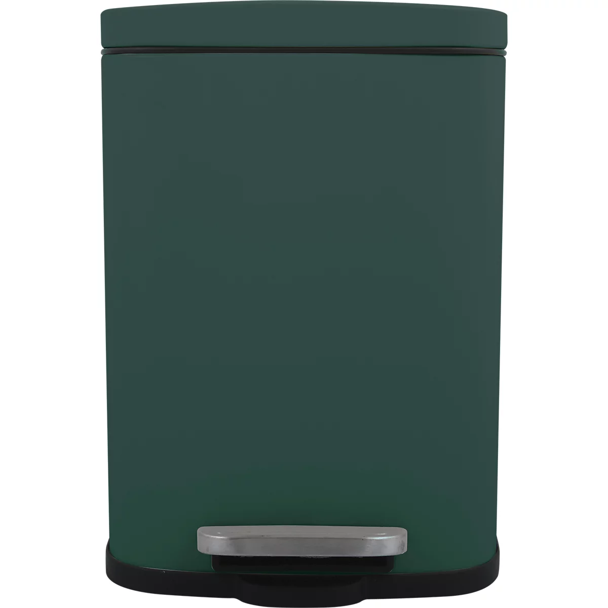 Une poubelle rectangulaire verte avec couvercle et pédale. La partie inférieure et le rabat de la pédale sont argentés.
