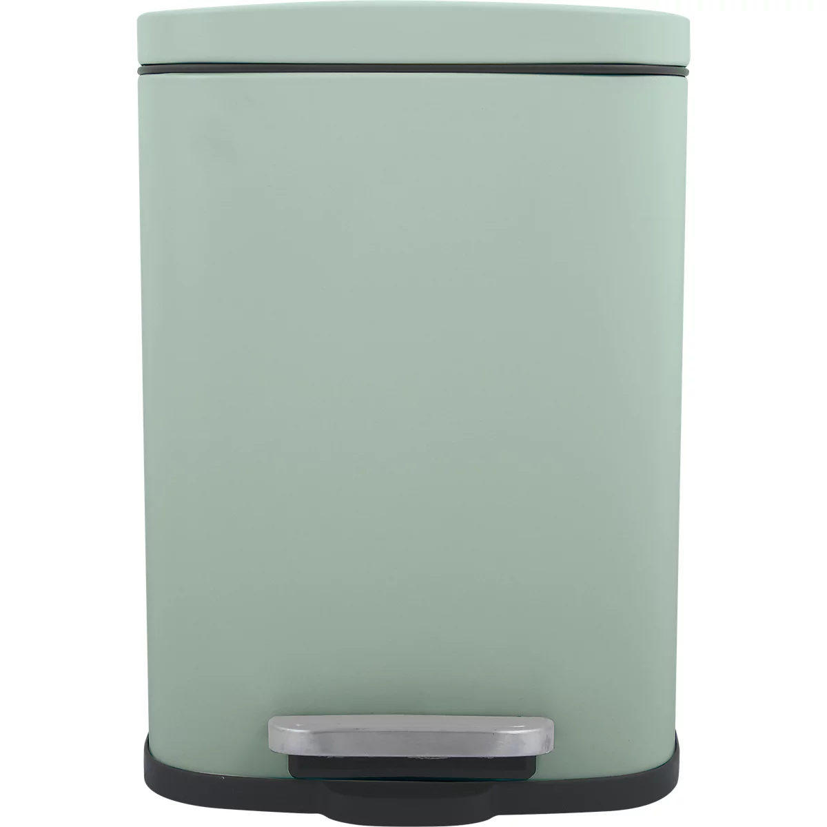Poubelle vert clair avec pédale en métal. Forme rectangulaire, couvercle avec bordure noire.