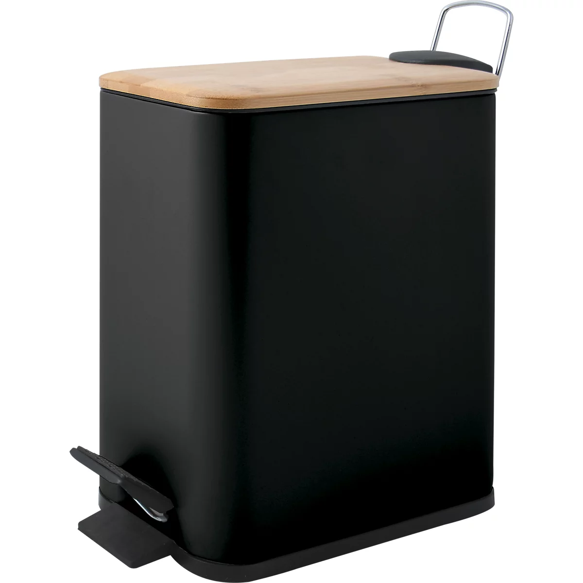 Poubelle à pédale noire avec couvercle en bambou et poignée de transport.