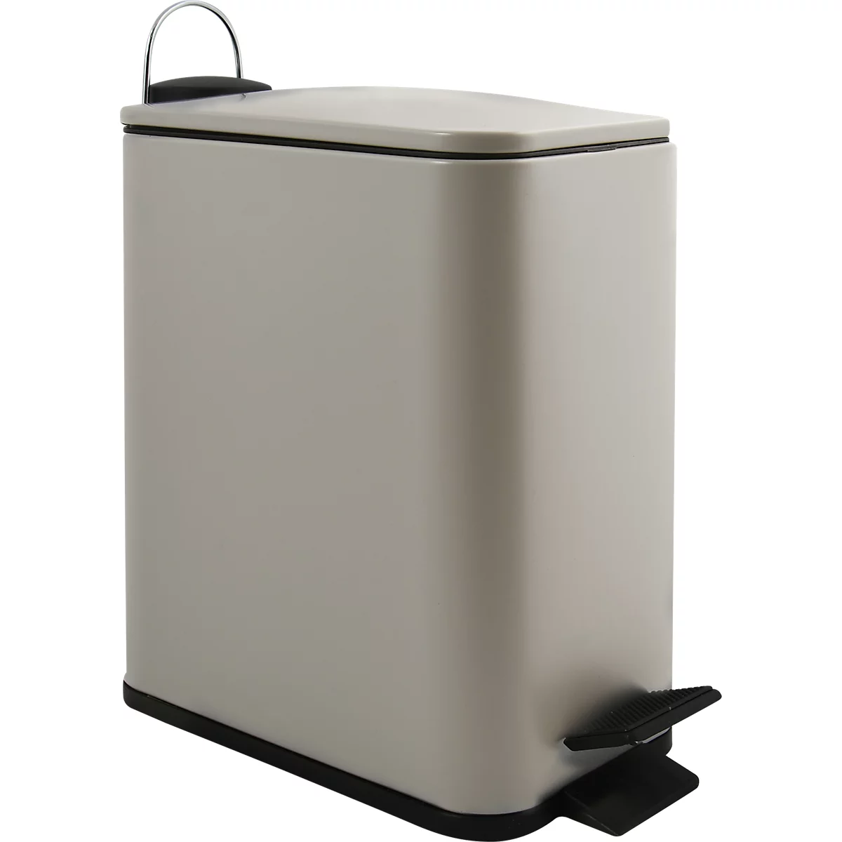 Poubelle rectangulaire beige avec couvercle, poignée et pédale.