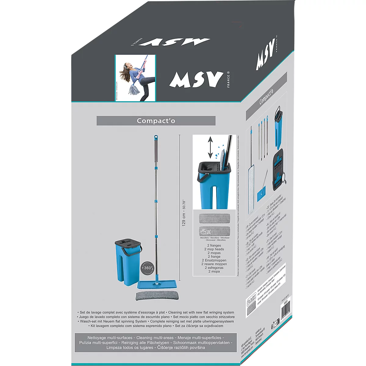Emballage du produit avec un ensemble de serpillère bleu. Une serpillère et un seau sont représentés. Du texte tel que "Compact'e" et "MSV" est également visible.