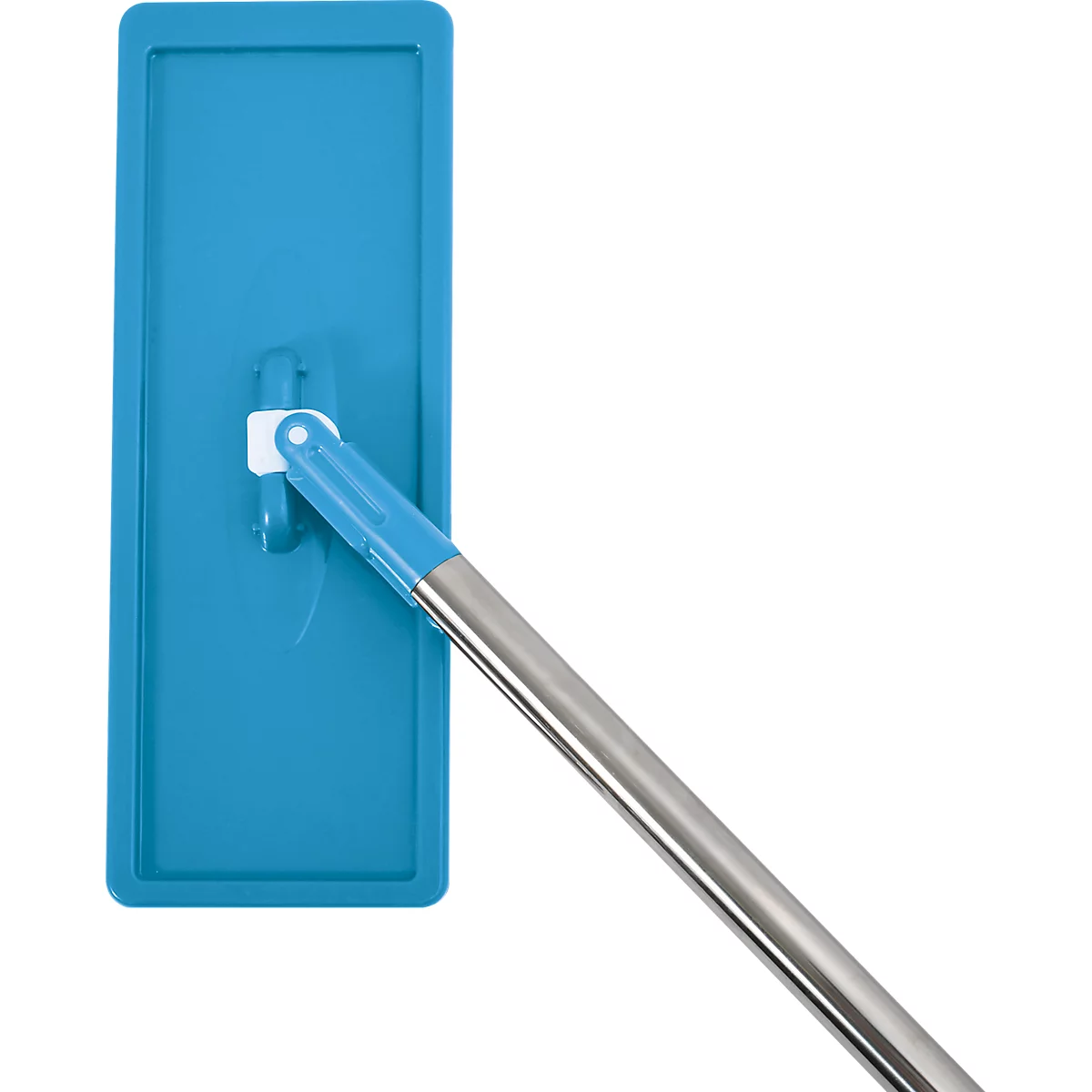 Serpillère turquoise, tête de serpillière rectangulaire avec support blanc et tige métallique.