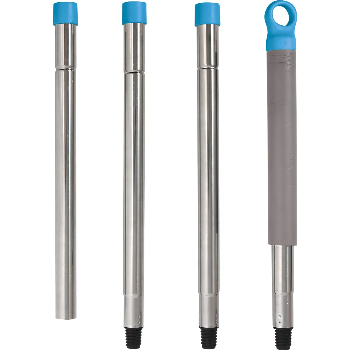 Quatre broches métalliques, chacune avec un capuchon bleu. La dernière broche a une poignée grise.