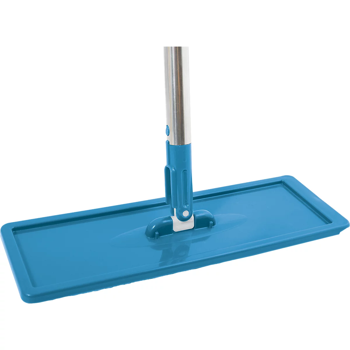 Serpillère bleue, tête rectangulaire, manche en métal, vue détaillée.