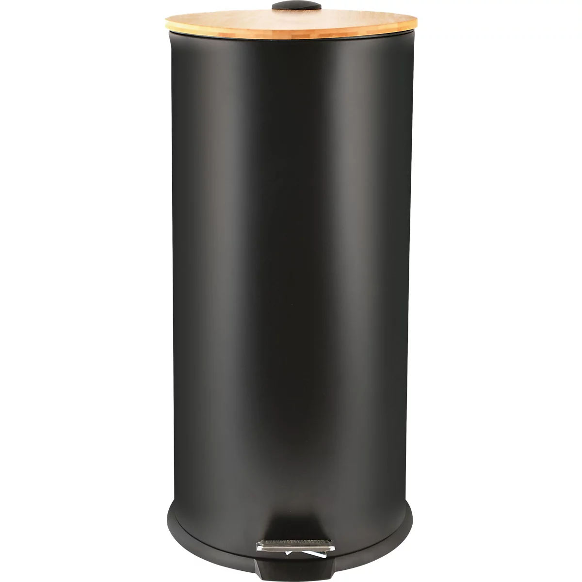 Schwarzer Mülleimer mit rundem Holzdeckel und Fusspedal. Der Eimer steht auf einem weissen Hintergrund.