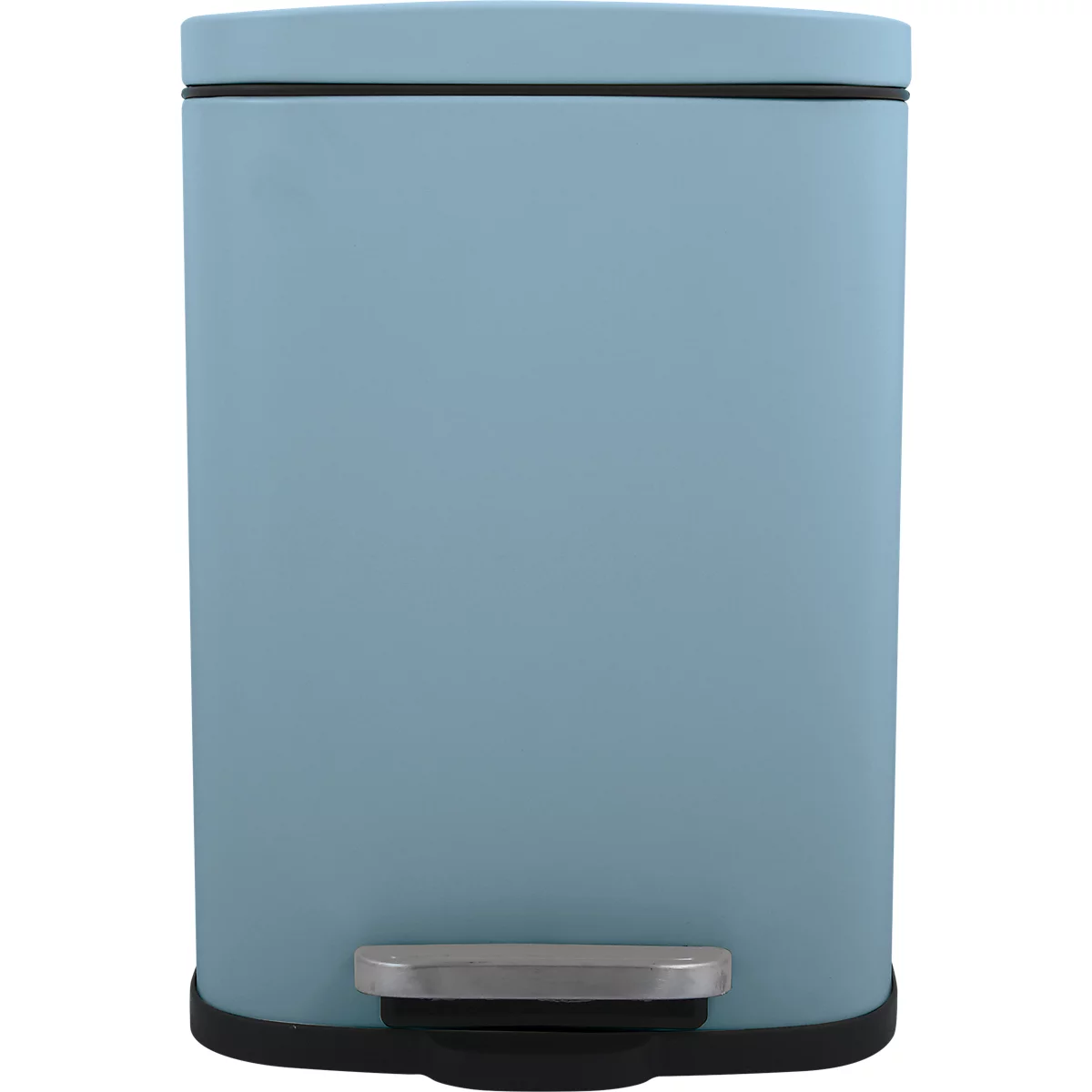 Hellblaue, ovale Mülleimer mit schwarzem Deckel und Fuss. Am Fuss befindet sich ein rechteckiger Tritt.