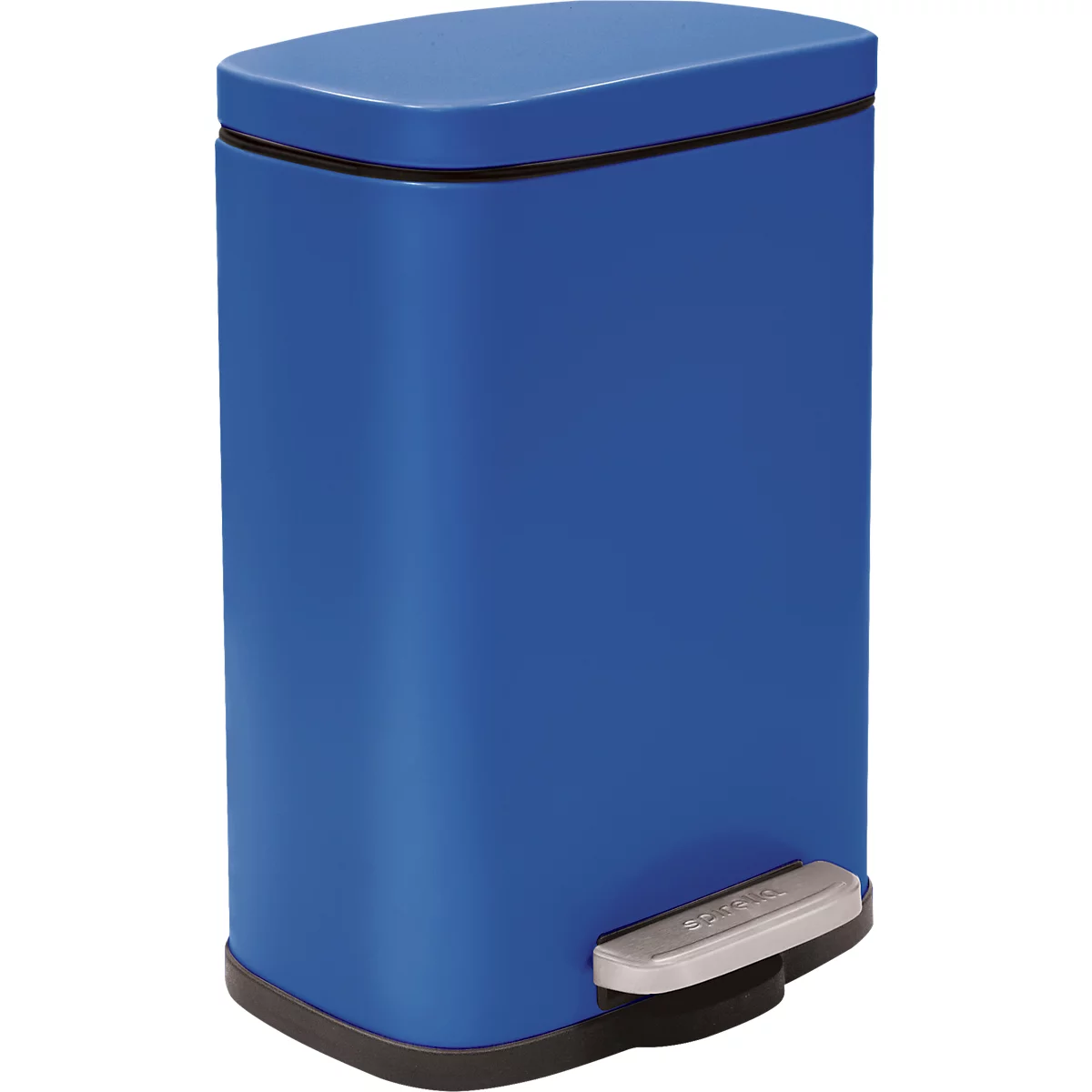 Blau lackierter Mülleimer mit Deckel und Fusspedal, vor neutralem Hintergrund.