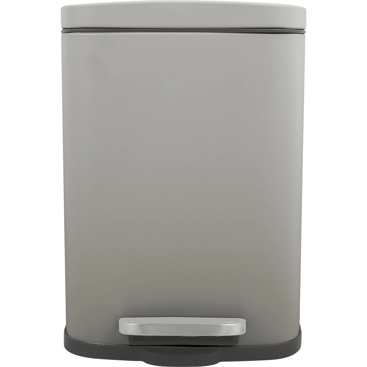 Grauer Abfalleimer mit Deckel, Trittfläche und schwarzem Boden. Vor neutralem Hintergrund.