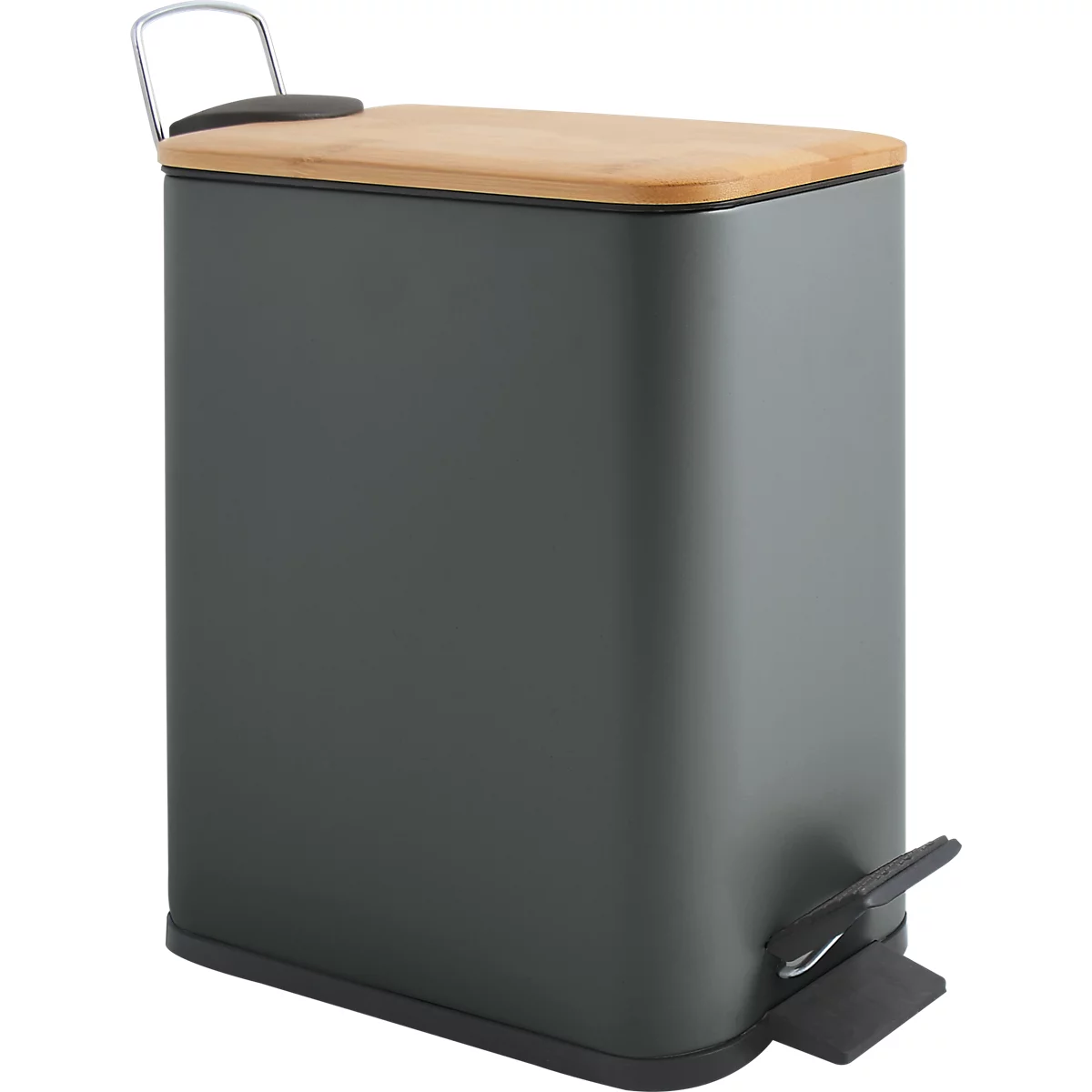 Grauer Mülleimer mit Bambusdeckel, Tragebügel und Trittpedal. Das Design ist minimalistisch und modern.