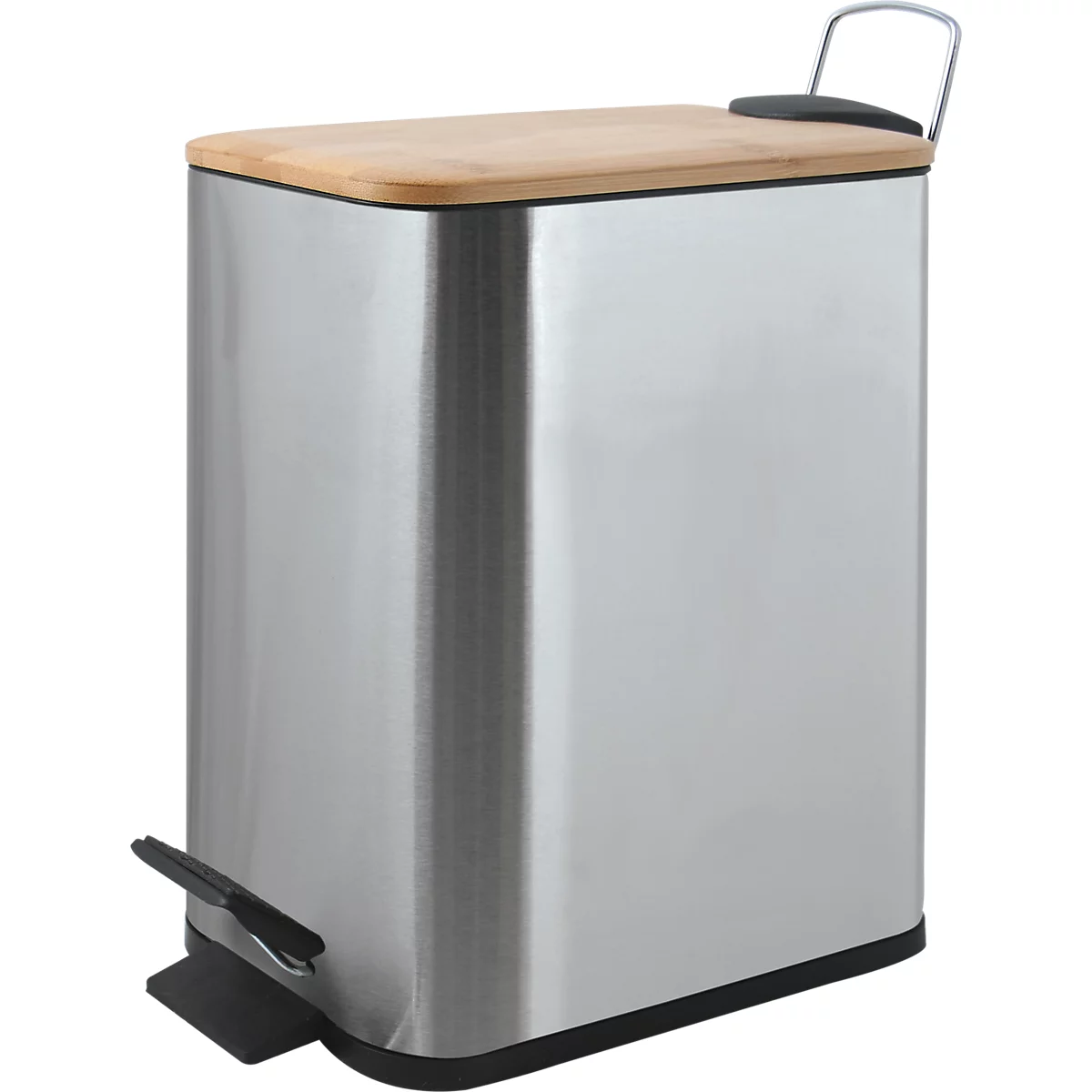 Edelstahl-Treteimer mit Bambusdeckel. Schwarzer Tritt, Bügelgriff. 