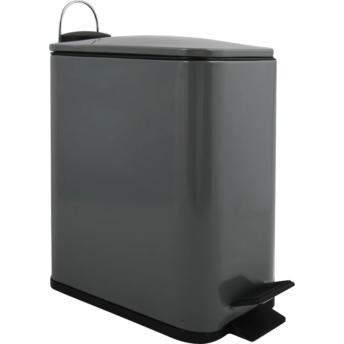 Grauer Abfalleimer mit Deckel, Tragegriff und Fusspedal, vor weissem Hintergrund.