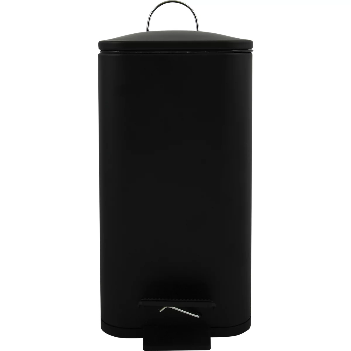 Schwarzer Treteimer mit Deckel, Tragegriff und Trittpedal.