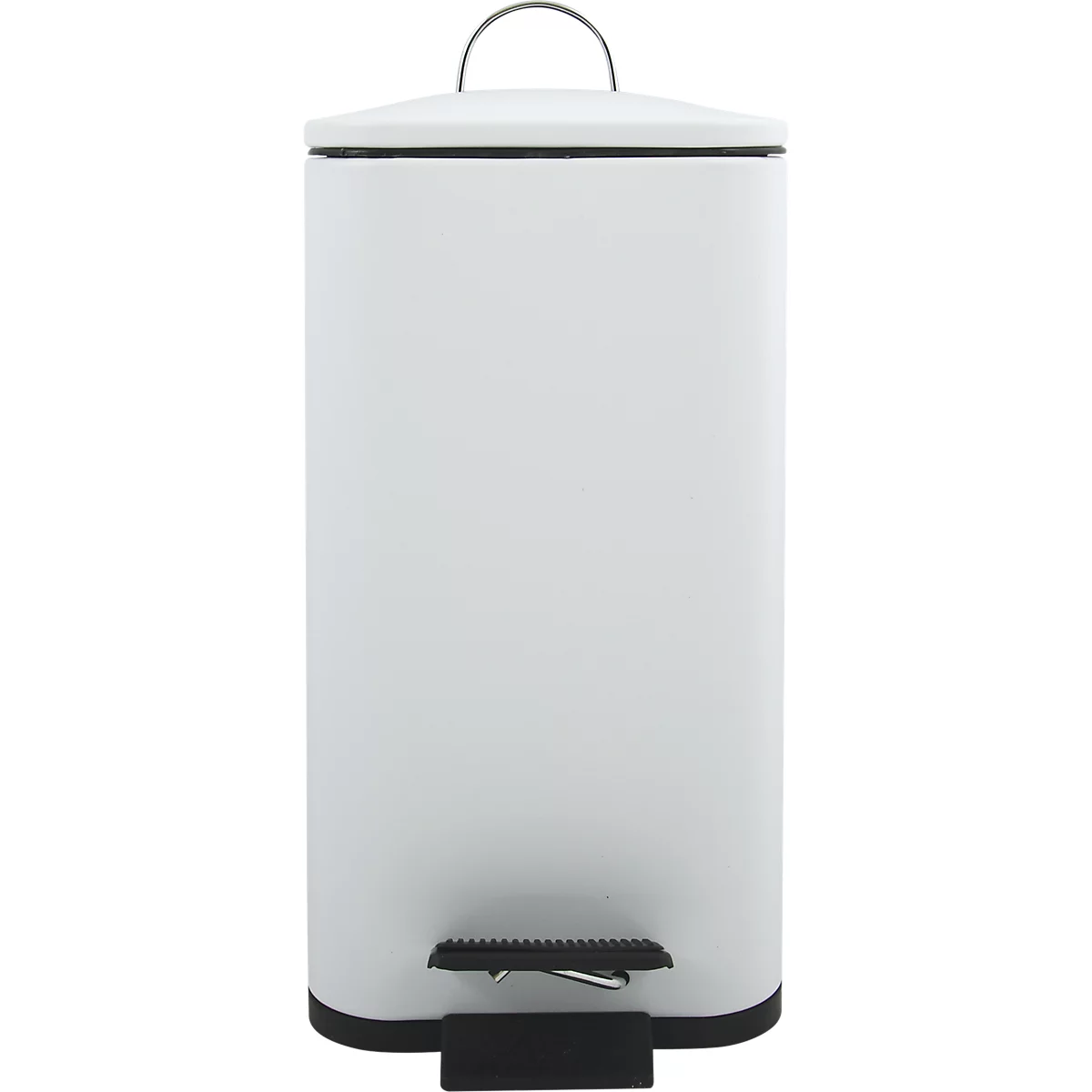Weisser Mülleimer mit Deckel und Fusspedal, Metallgriff.