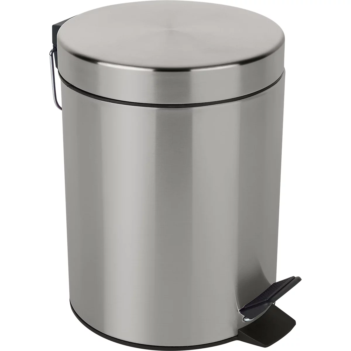 Edelstahl-Treteimer, Deckel geschlossen, schwarzes Pedal.