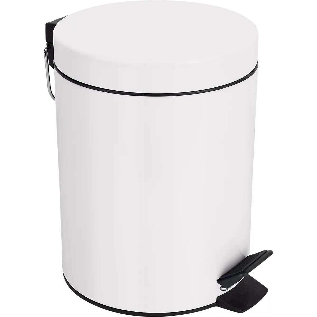 Weisser Mülleimer mit Deckel und Fusspedal, schwarze Akzente.
