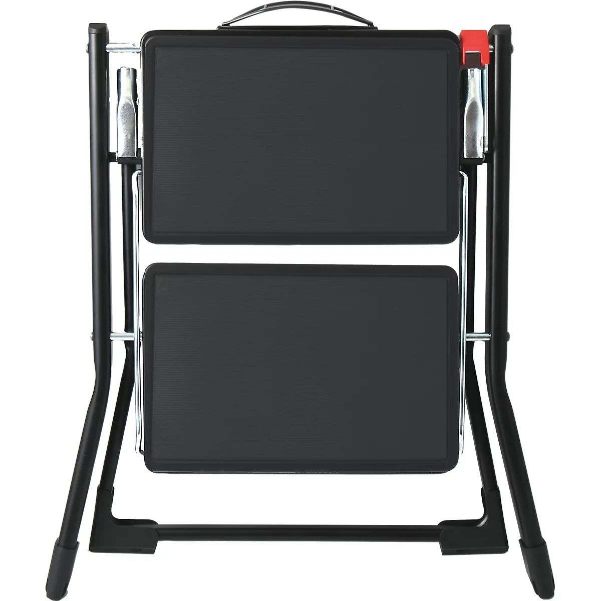 Schwarze, zusammenklappbare Trittstufe mit zwei Stufen und Griff.